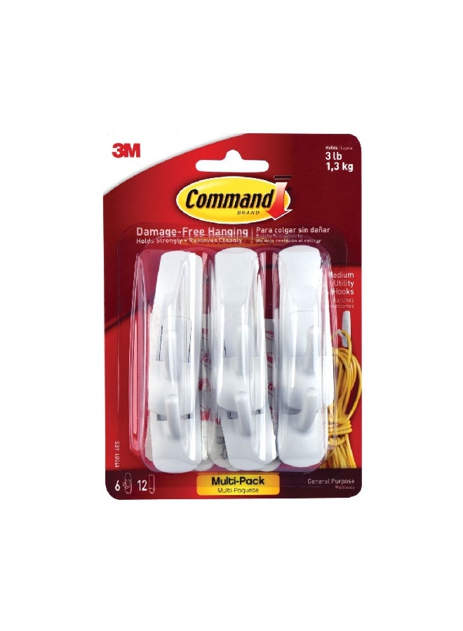 Command 6-Piece Damage-Free Hanging Utility Adhesive Hook Set White 17.2 x 12.7 x 4.5 cm 17001-6ES - Image 1
